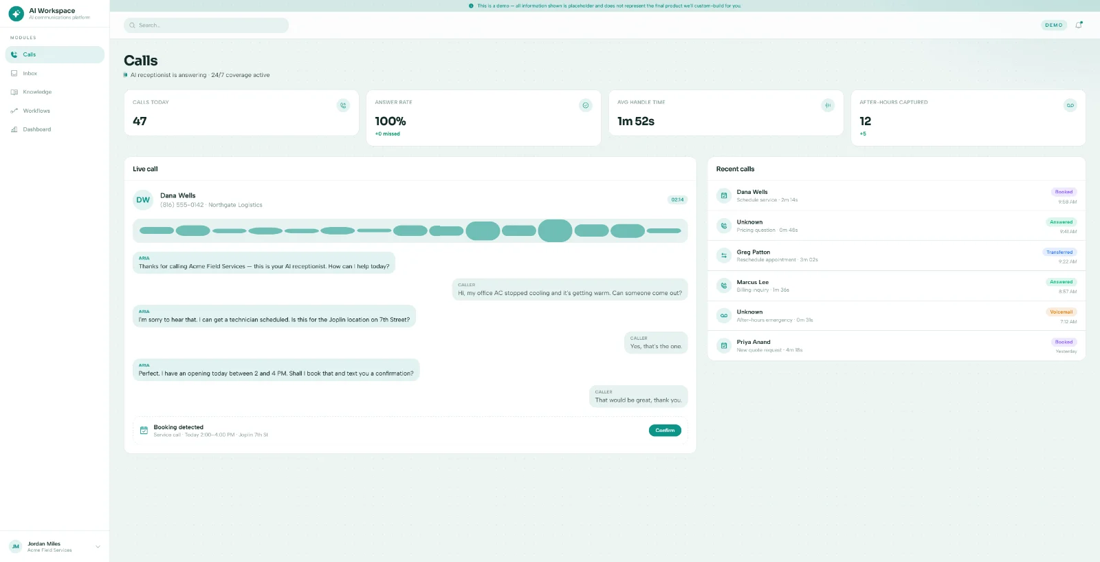AI Workspace — AI receptionist handling a live call